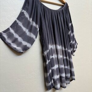 Soft Surroundings Gray White Tie Dye Cold Shoulder Tunic Top L Gauze Fabric